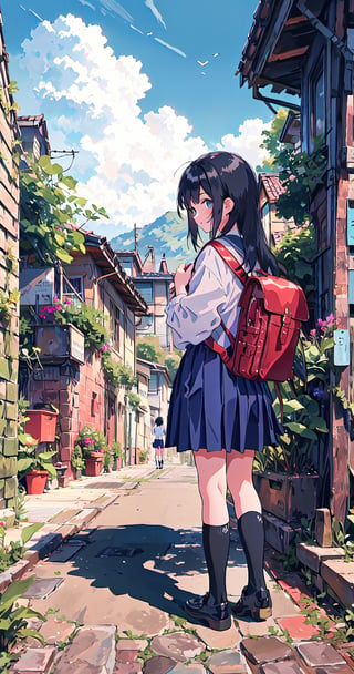 1girl, solo, long hair, looking at viewer, skirt, black hair, dress, school uniform, standing, outdoors, shoes, day, socks, bag, backpack, plant, scenery