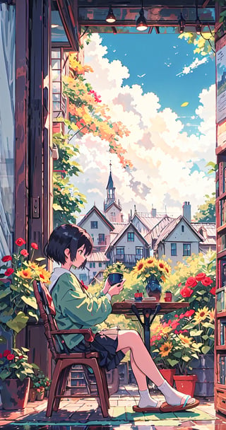 1girl, solo, short hair, bangs, skirt, shirt, black hair, long sleeves, holding, sitting, white shirt, flower, sky, day, cloud, indoors, from side, cup, blue sky, book, window, profile, rose, chair, table, sunlight, plant, curtains, red flower, building, scenery, paper, yellow flower, sunflower, bookshelf, potted plant, slippers, paintbrush, book stack, vase, painting \(object\), flower pot, painting \(action\)