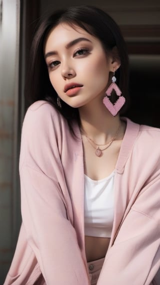1girl, solo, long hair, breasts, looking at viewer, bangs, simple background, navel, cleavage, jewelry, medium breasts, very long hair, jacket, pink hair, cowboy shot, earrings, parted lips, open clothes, midriff, pants, blunt bangs, pink eyes, arms up, open jacket, lips, crop top, tattoo, makeup, piercing, pink background, arms behind head, cropped jacket, white pants, pink jacket, arm tattoo, pink theme