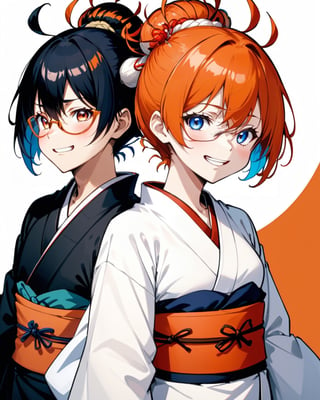 1girl, smile, short hair, blue eyes, black hair, long sleeves, white hair, short sleeves, japanese clothes, multiple boys, open clothes, glasses, 2boys, kimono, hair bun, orange hair, grin, v, double bun, chinese clothes, double v, bun cover, open kimono, sakata gintoki, kagura \(gintama\)