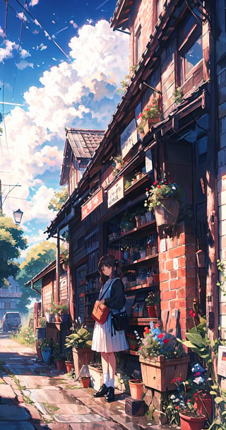 1girl, solo, long hair, looking at viewer, bangs, skirt, brown hair, shirt, long sleeves, dress, holding, brown eyes, standing, outdoors, sky, shoes, day, cloud, bag, black footwear, blue sky, plant, building, scenery, shoulder bag, sign, potted plant, road, wide shot, power lines, street, shop