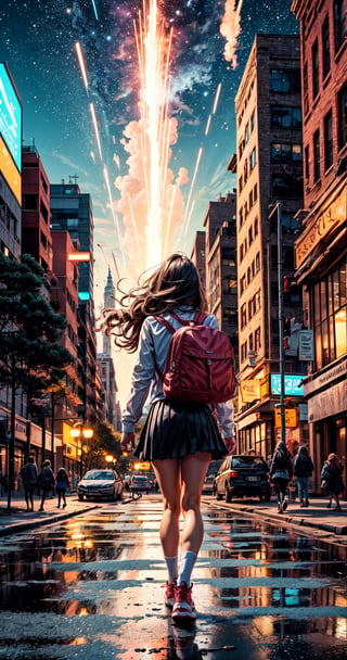 (fulldetail), (4k), 8k, long hair, multiple girls, skirt, shirt, black hair, hair ornament, long sleeves, dress, 2girls, school uniform, white shirt, pleated skirt, outdoors, sky, shoes, socks, black skirt, bag, from behind, two side up, tree, night, holding hands, backpack, building, sneakers, star \(sky\), night sky, scenery, starry sky, walking, shoulder bag, city, sign, road, lamppost, street, midjourney, perfect face, perfect body, perfect hands, perfect legs,wrenchfaeflare,breakdomain