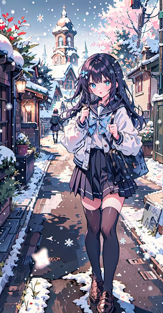 1girl, solo, long hair, looking at viewer, blush, blue eyes, skirt, shirt, black hair, thighhighs, long sleeves, bow, school uniform, standing, jacket, white shirt, pleated skirt, outdoors, open clothes, shoes, black thighhighs, black skirt, bag, tree, zettai ryouiki, coat, night, loafers, snow, snowing, road, winter