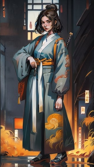 girl, a beautiful japanese female samurai, traditional_japanese_clothes, Japanese background, holding_katana, full-body_portrait,full_body,fully_clothed ,Samurai girl,chung