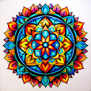 A mesmerizing mandala with intricate geometric patterns that radiate outwards from a central focal point. Use a vibrant color palette and a detailed art style