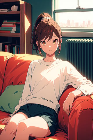 1girl,25 years old,ponytail,brown eyes,brown hair,portrait, white sportswear,illustration,fcloseup,rgbcolor, full_body, sitting, vintage sofa, looking_at_viewer