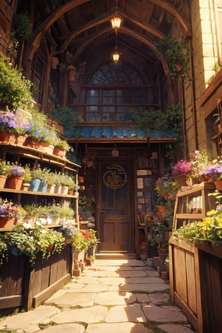 masterpiece, best quality,small cafe, victorian era, from inside view, viewer looking outside the glass, detail interior,beautiful street, detail perspective, 2 point perspective, day time, local shops, Studio Ghibli, Makoto Shinkai anime style, victiorian era building, with stone street, stone stair, green doors, cinematic light, medieval,wrench_elven_arch,4esthet1c