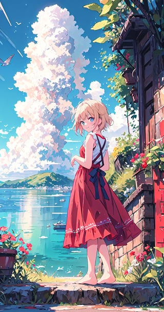 1girl, solo, looking at viewer, smile, short hair, blue eyes, blonde hair, dress, bare shoulders, standing, outdoors, sky, barefoot, sleeveless, day, cloud, water, tree, blue sky, sleeveless dress, bird, ocean, arms behind back, red dress, scenery