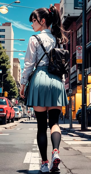 (fulldetail), (4k), 8k, long hair, multiple girls, skirt, shirt, black hair, hair ornament, long sleeves, dress, 2girls, school uniform, white shirt, pleated skirt, outdoors, sky, shoes, socks, black skirt, bag, from behind, two side up, tree, night, holding hands, backpack, building, sneakers, star \(sky\), night sky, scenery, starry sky, walking, shoulder bag, city, sign, road, lamppost, street, midjourney, perfect face, perfect body, ((perfect hands:1.3)), perfect legs