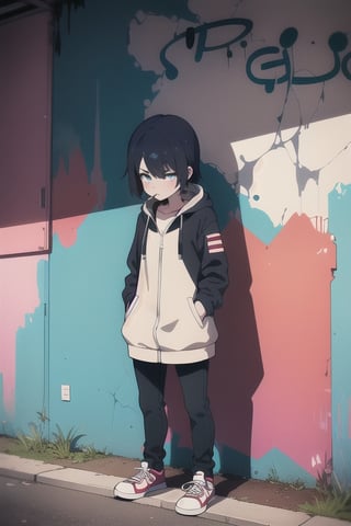 dark comic anime style female detective smoking standing next to graffitied wall, vivid coloring