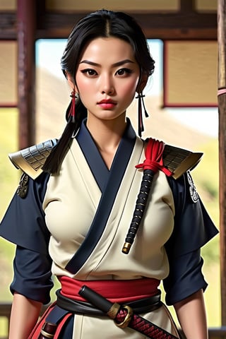 A beautiful female samurai , full-body_portrait, ancient theme, 1 girl, full-length_portrait,more detail XL,Long Legs and Hot Body,niji5,Reality Quest style