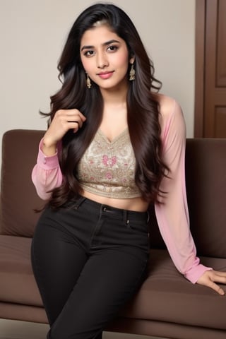 beautiful cute young attractive indian, smart girl, 22 years old, cute, Instagram model , straight standing position, long black_hair, colorful hair, warm, dacing, in home sit at sofa, indian, wearing clothes