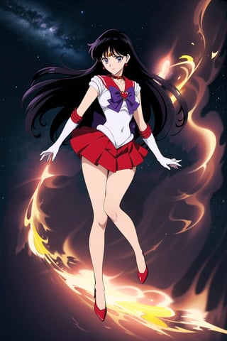 (masterpiece,  best quality),  ultra detailed,  1girl, sailor mars,  hino rei,  very long hair,  (purple eyes:1.1),  black hair,  sailor senshi uniform,  heart brooch,  gloves,  red sailor collar,  miniskirt,  jewelry,  earrings,  choker,  elbow gloves,  red skirt,  sailor collar,  white gloves, thighs, covered navel,  star earrings,  (tiara:1.2),  pleated skirt,  dynamic view, closed mouth, serious, red highheels, full body view, surrounded by a firestorm, night sky