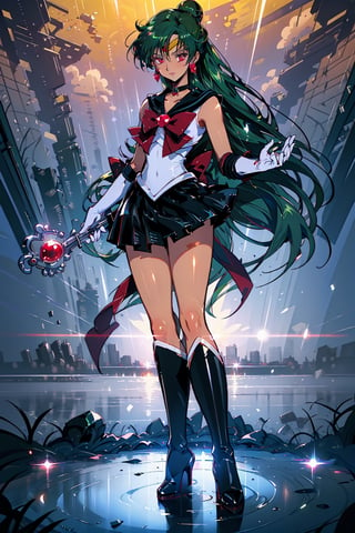 (masterpiece,  best quality),  shiny skin,  lustrous skin,  1girl,  solo,  meiou setsuna,  long hair,  single hair bun,  green hair,  red eyes,  very long hair,  tanned female,  thighs,  skirt,  choker,  sailor senshi uniform,  jewelry,  gloves,  earrings,  white gloves,  bow,  sailor collar,  elbow gloves,  circlet,  red bow,  black skirt,  black choker,  pleated skirt,  miniskirt,  brooch,  back bow,  black sailor collar, black knee boots, sailor pluto, ruins of an ancient temple in background, dreamy expression, holding garnet rod, full body view