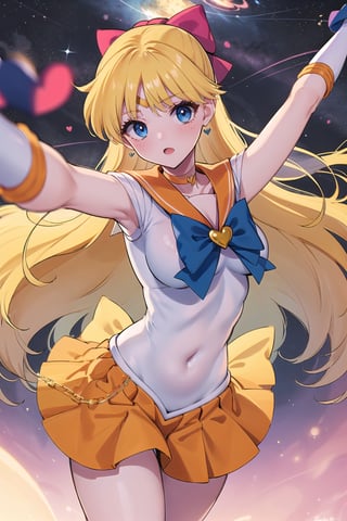 (masterpiece,  best quality),  ultra detailed,  1girl, sailor venus,  aino minako,  long hair,  red bow,  hair bow,  blonde hair,  tiara,  blue eyes,  very long hair,  skirt,  bow,  sailor senshi uniform,  gloves,  choker,  orange choker,  jewelry,  orange skirt,  sailor collar,  elbow gloves,  white gloves,  back bow,  pleated skirt,  blue bow,  earrings,  orange sailor collar,  brooch,  heart brooch,  miniskirt,  covered navel,  star choker,  dynamic view,  heart,  heart symbol,  space,  outer space, focused expression, attacking, love me chain