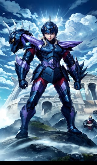 1girl, blue eyes, multiple boys, sky, cloud, armor, helmet, letterboxed, superhero, full armor, power armor