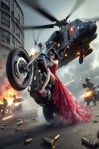 1girl, breasts, black hair, gloves, dress, weapon, outdoors, multiple boys, solo focus, gun, military, red dress, sunglasses, 3boys, helmet, ground vehicle, motor vehicle, rifle, handgun, smoke, motion blur, aircraft, airplane, road, assault rifle, explosion, vehicle focus, motorcycle, firing, shell casing, rocket launcher, helicopter,mecha