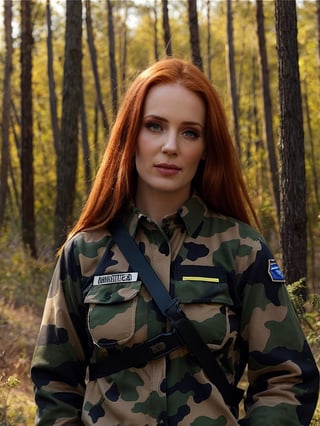 1girl, solo, ginger hair, (straight hair, pale skin), makeup, cinematic lighting, (photo, realistic), epiCRealism, highly detailed, upper body, portrait, army soldier uniform, military camouflage, bulletproof vests, forest landscape, (smoon:1.0)