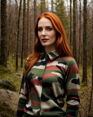 1girl, solo, ginger hair, (straight hair, pale skin), makeup, cinematic lighting, (photo, realistic), epiCRealism, highly detailed, upper body, portrait, army soldier uniform, camouflage, forest landscape, (smoon:1.0)