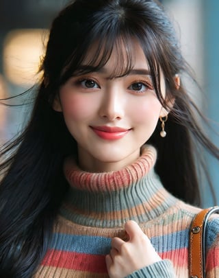 Beautiful and delicate light, (beautiful and delicate eyes), fair skin, smile, oval face, (brown eyes), (long black hair), dreamy, medium chest, female 1, (frontal shot), Taiwanese girl, bangs , soft expression, tall, elegant, smiling face, 8k art photo, realistic concept art, realistic, portrait photography, accessories, necklace, small earrings, bag, fantasy, jewelry, ponytail, pleated skirt, multi-color top, half zipper Knitted Twisted Turtleneck Half-Zip Sweater