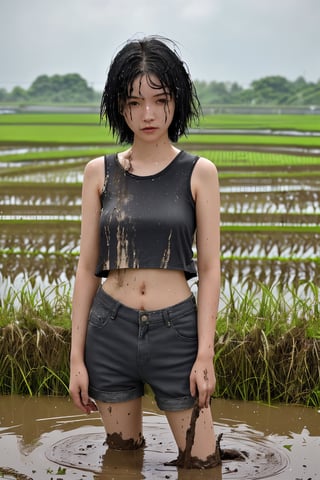 Taiwanese girl,18-year-old, cute and pure, gorgeous, short black hair, messy hair, long eyelashes, wearing short tank, midriff, short pants, in a paddy field, operate a plow machine, mud splashes, mud stains clothes, body and face, masterpiece, realistic photo, high details, dirty clothes, sunlight shines, sweating, wetted self, windy, hair flying, transparent clothes, wetted clothes, rags.