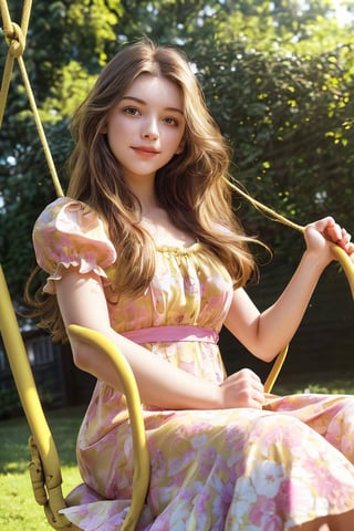 Young woman on yellow swing is enjoying a sunny day. She wore a vibrant pink floral dress with puffy sleeves and colorful floral patterns. Her long brown hair flows in the wind, creating a dynamic and carefree atmosphere. The background shows the green grassy backyard setting and appears to be part of the house.
The lighting in the image is warm and golden, representing the afternoon sun. This lighting enhances the cheerful and summery atmosphere of the scene, hand-held rope, half-body shot, photography style, detailed face, high-detailed skin, rusty, 8K, beautiful hands, beautiful fingers