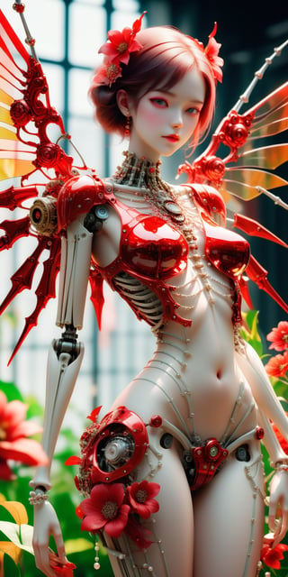 1 girl, body constructed by intricate transparent color glass skeleton and mechanical parts and also covered by red flowers,  
pearls, fashion, mechanical wings, unreal engine, masterpiece, Leica M6,Tamron 70-200 mm,70 mm, f/1.8.,Vibrant colors palettes,girl