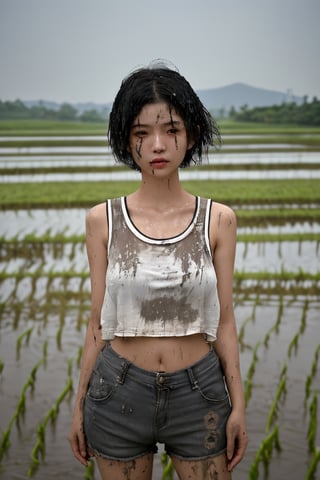 Taiwanese girl,18-year-old, cute and pure, gorgeous, short black hair, messy hair, long eyelashes, wearing short tank, midriff, short pants, in a paddy field, operate a plow machine, mud splashes, mud stains clothes, body and face, masterpiece, realistic photo, high details, dirty clothes, sunlight shines, sweating, wetted self, windy, hair flying, transparent clothes, wetted clothes, rags.
