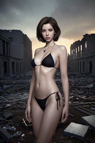 The image is a realistic, digitally-rendered art piece likely created by a professional digital artist. The composition centers a young woman with short brown hair, wearing a black bikini, standing confidently with a neutral expression. The subject's gaze is directed at the viewer, drawing attention to her. The background features the remains of a dilapidated building with bricks, concrete, and debris, suggesting urban decay. The lighting is natural, highlighting the woman and the implied contrast between her appearance and the setting. The overall tone is stark, mixing beauty and desolation. Details like her star-shaped necklace and the ruins enhance the narrative conveyed by the piece.
