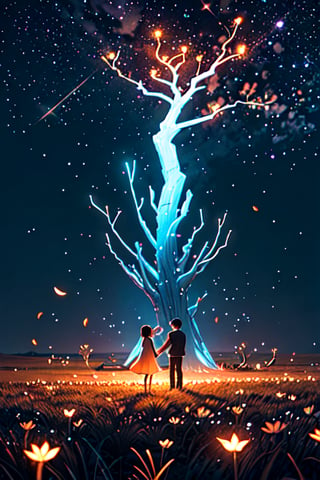 (masterpiece),  best quality,  high resolution,  highly detailed,  detailed background,  cinematic light,  1 two people ,  (two people kissing ),  night,  dark sky,  luminous light ,  giant tree,  white bark with red luminous veins,  white leaves,  stars,  blue tones,  wallpapers,  high quality,  glow,  magic,,,High detailed ,Color magic Athena