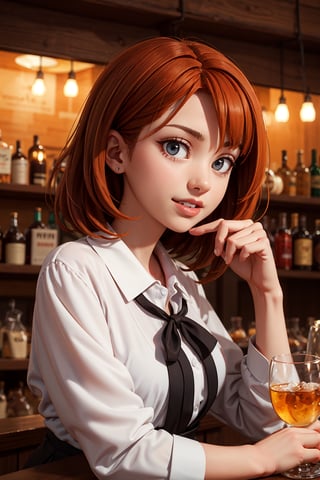 a close up photo of a 23 year old turkey woman in a blouse at a bar, attractive smile, ginger hair, cinematic light, film still, attractive face, very_beautiful_lady, RAW photograph, 