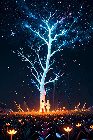 (masterpiece),  best quality,  high resolution,  highly detailed,  detailed background,  cinematic light,  1 raindrops ,  (two people ),  night,  dark sky,  luminous light ,  giant tree,  white bark with red luminous veins,  white leaves,  stars,  blue tones,  wallpapers,  high quality,  glow,  magic,,,High detailed ,Color magic Athena