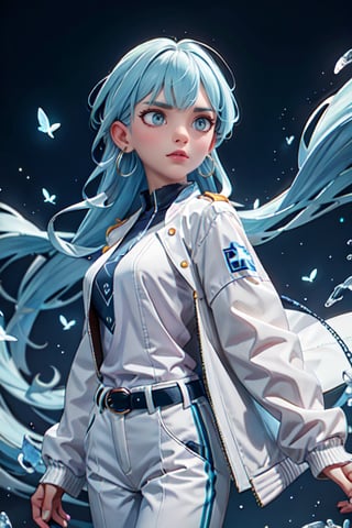 Generate hyper realistic image of a woman with long, flowing blue hair cascading over her shoulders, her piercing blue eyes locked onto the viewer with intensity. She stands confidently, wearing a stylish white jacket with long sleeves, complemented by a braided belt and matching pants. Adorned with subtle makeup and nail polish, she exudes an air of sophistication, with hoop earrings framing her face.