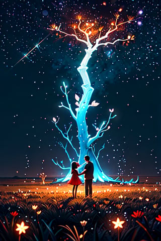 (masterpiece),  best quality,  high resolution,  highly detailed,  detailed background,  cinematic light,  1 raindrops ,  (two people kissing ),  night,  dark sky,  luminous light ,  giant tree,  white bark with red luminous veins,  white leaves,  stars,  blue tones,  wallpapers,  high quality,  glow,  magic,,,High detailed ,Color magic Athena