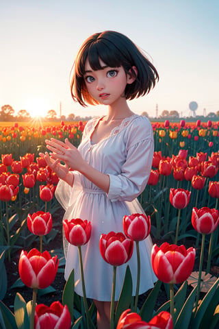 absurdres,  highres,  ultra detailed,  (1girl:1.3), smile , sunlight , lens flare reflection,lomography,  analog photography,  vibrant colors,  soft focus,  light leaks,  dreamy atmosphere,  experimental charm,  nostalgic appeal, looking into the viewer, tulips flower farm in bg, holding 1 tulip flower in right hand, perfect fingers,