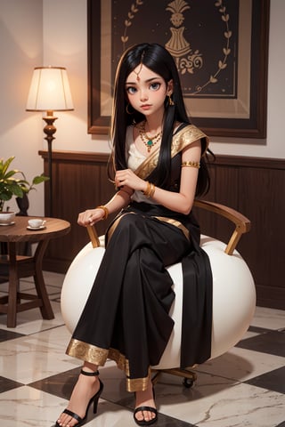 beautiful cute young attractive indian teenage gir, 18 years old, cute, Instagram model, long black_hair, colorful hair, warm, dacing, in home sit at egg chair, indian,saree wearing, neckles, heels 