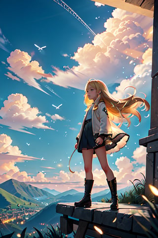 1girl, solo, long hair, blonde hair, boots, sky, day, cloud, scenery