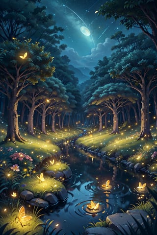 create a whimsical magic forest scene at night, fireflies, the stars are shining in the sky, the mooonlight refelcts the magicla flowers and trees, a small brook ripples gently,glitter,BugCraft