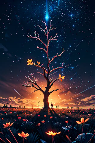 (masterpiece),  best quality,  high resolution,  highly detailed,  detailed background,  cinematic light,  1 blue ,  (black ),  night,  dark sky,  luminous light ,  giant tree,  white bark with red luminous veins,  white leaves,  stars,  blue tones,  wallpapers,  high quality,  glow,  magic,,,High detailed ,Color magic Athena