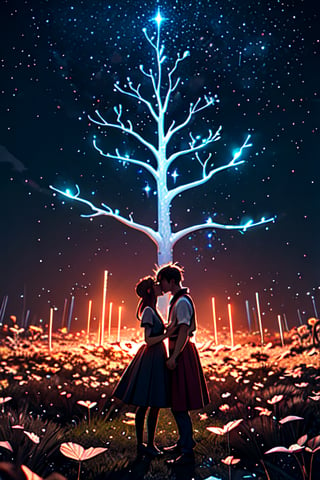 (masterpiece),  best quality,  high resolution,  highly detailed,  detailed background,  cinematic light,  1 two people kissing ,  (two people kissing ),  night,  dark sky,  luminous light ,  giant tree,  white bark with red luminous veins,  white leaves,  stars,  blue tones,  wallpapers,  high quality,  glow,  magic,,,High detailed ,Color magic Athena