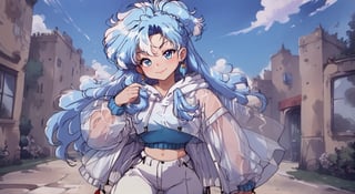 vum, score_9, score_8_up, score_7_up, 1girl, source_anime, 1girl, solo, KoboBase, blue eyes, long hair, blue hair, colored tips, white hair, earrings, white jacket, raincoat, see-through, cropped hoodie, drawstring, white pants, smile, outdoors. vintage, 1990s \(style\)