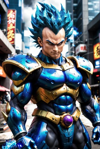 Super detailed live-action Dragon Ball vegeta, strong exaggerated body, surrounded by blue energy, wearing armor, cyberpunk city, movie environment. kamehame pose