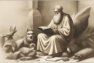 An image of the prophet Enoch writing a book from animal feathers and skins
