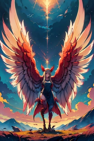 masterpiece, best quality, harpy, standing, Double slitted tapered tunic, long hair, no hands,light blonde hair, harpy wings, bird legs, bird hands, wings for arms, bird tail, harpy woman, bird woman, red eyes, orange feathers, spread wings.
