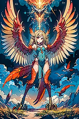 masterpiece, best quality, harpy, standing, Double slitted tapered tunic, long hair, no hands,light blonde hair, harpy wings, bird legs, bird hands, wings for arms, bird tail, harpy woman, bird woman, red eyes, orange feathers, spread wings.
