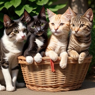 3 cats ,open eyes, in a basket