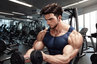 a Western man working out hard in the gym, training his triceps with full force, exuding the charm of a powerful man