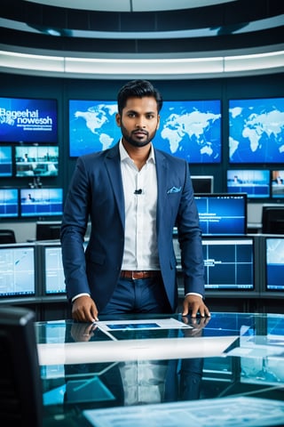 "Create a visually engaging image depicting  young male news presenters in an newsroom setting and he is looking at the  in his front camera. The scene should capture the essence of professionalism, diversity, and collaboration. presenter should be dressed in appropriate attire for a news broadcast, and the background should feature elements suggestive of a modern newsroom environment. Ensure that the image reflects cultural sensitivity and authenticity, highlighting the cultural of  Bangladesh."