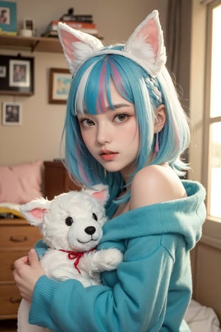 (best quality, masterpiece), 1girl, off shoulder,(softcolored hair:1.3), clutter girl's lovely room, hugging stuffed animal, fluffy hoodie with animal ears,FUJI