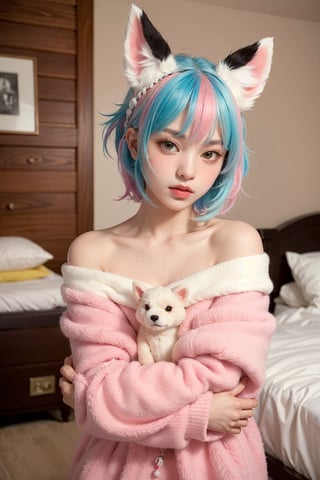 (best quality, masterpiece), 1girl, off shoulder,(softcolored hair:1.3), clutter girl's lovely room, hugging stuffed animal, fluffy hoodie with animal ears,FUJI